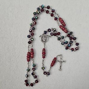 Red Pearls & Red Beaded Rosary Necklace with Crucifix